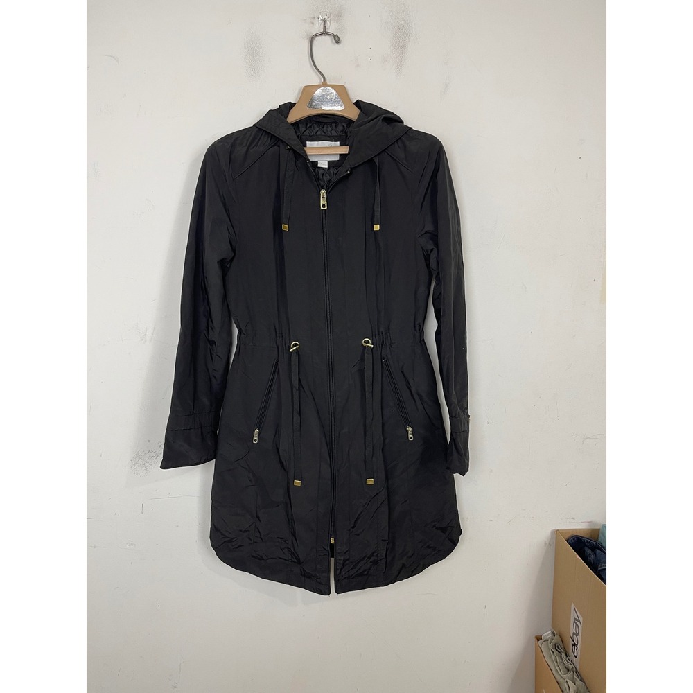 Cole Haan Signature Black Hooded Anorak Parka Jacket Gold Hardware Womens Small